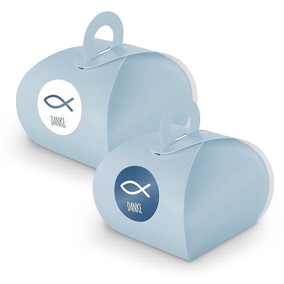 itenga Set 24x Geschenkschachtel mit Griff + Sticker Gastgeschenk (Set Danke Fisch (Motiv33), blau)