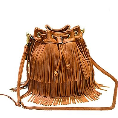 DI GRAZIA Womens Fringe Tassel Bucket Sling/Handbag (Brown)
