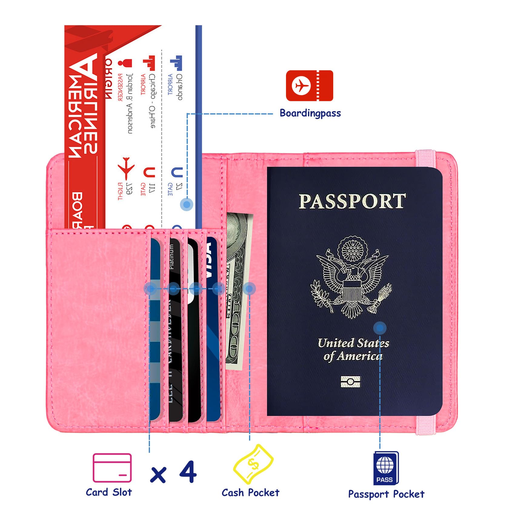 TOURSUIT RFID Blocking Passport Holder for Women Men, Leather Passport Travel Wallet with Metal 3D Metal Badge, Travel Document Holder Cover Accessories (Pink)