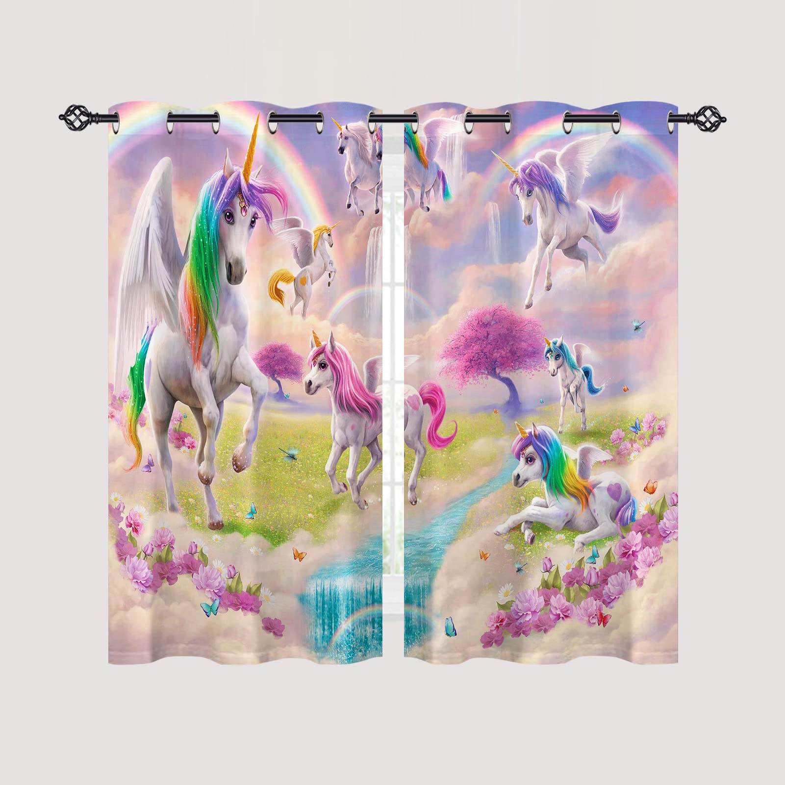 ANHOPE Unicorn Curtains Eyelet Ring Top Thermal Insulated 80% Blackout Curtains with Rainbow Unicorn Flower Print Pattern Window Drapes for Kids Girls Bedroom Living Room 28 x 54 Inch Drop 2 Panels