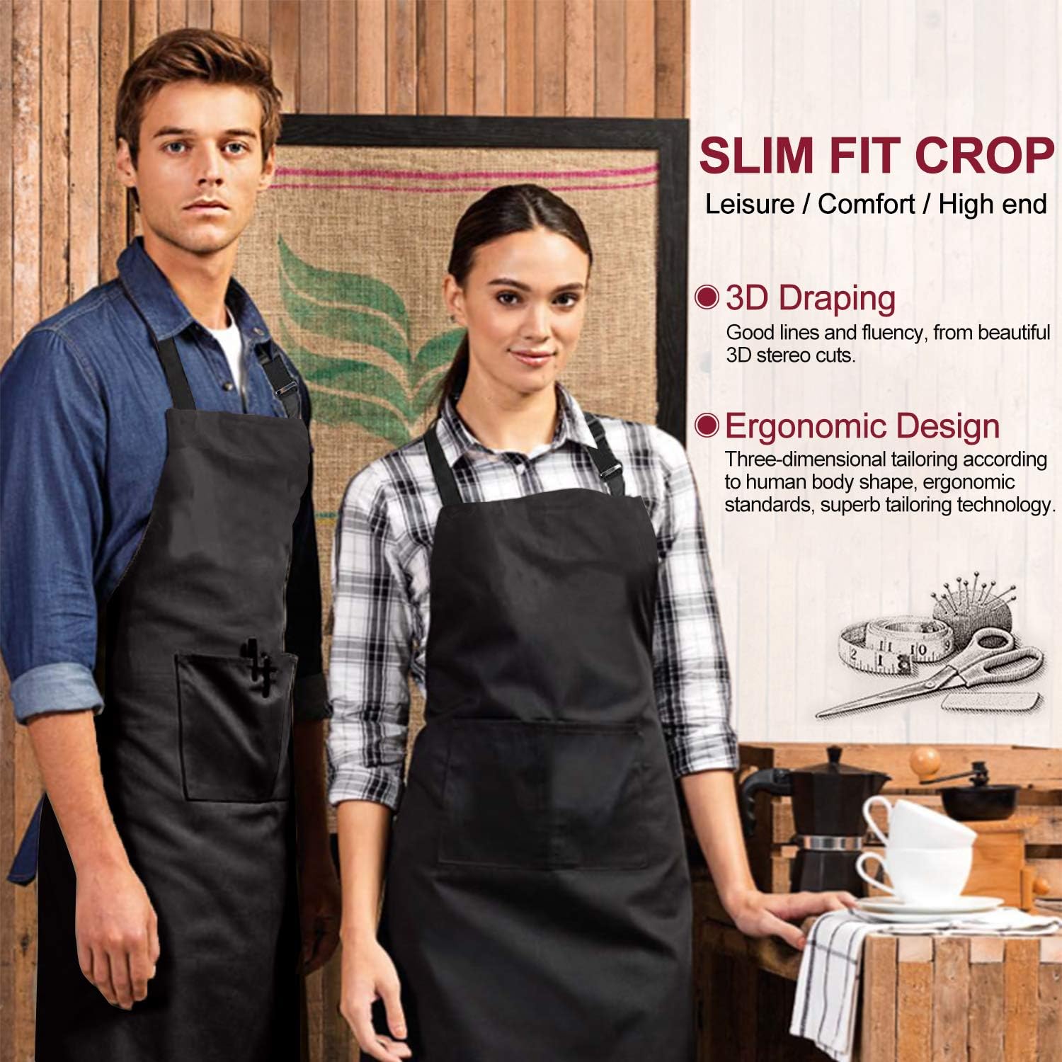 XCOZU 2 Pack Cooking Chef Kitchen Apron for Men Women Waterproof Adjustable Red Apron and Black Apron with Pockets,Adults Cotton Polyester Professional Apron Catering Barista Butchers Long Apron - Image 5