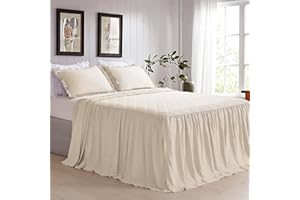 QSH Ruffle Skirt Bedspreads King Size,Shabby Vintage Chic Bedding Farmhouse Ruffled Bedspreads Shabby Ruffle Coverlet Long Drop Bedspread with Split Corners Ultra Soft Lightweight 3pcs