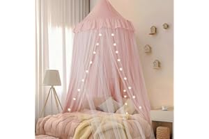 Anmas Home Pink Bed Canopy Mosquito Net with Star Lights，Double Layer Princess Canopy with Round Dome Play Tent for Girls Room ，Pink Dreamy Canopy/Children Reading Nook