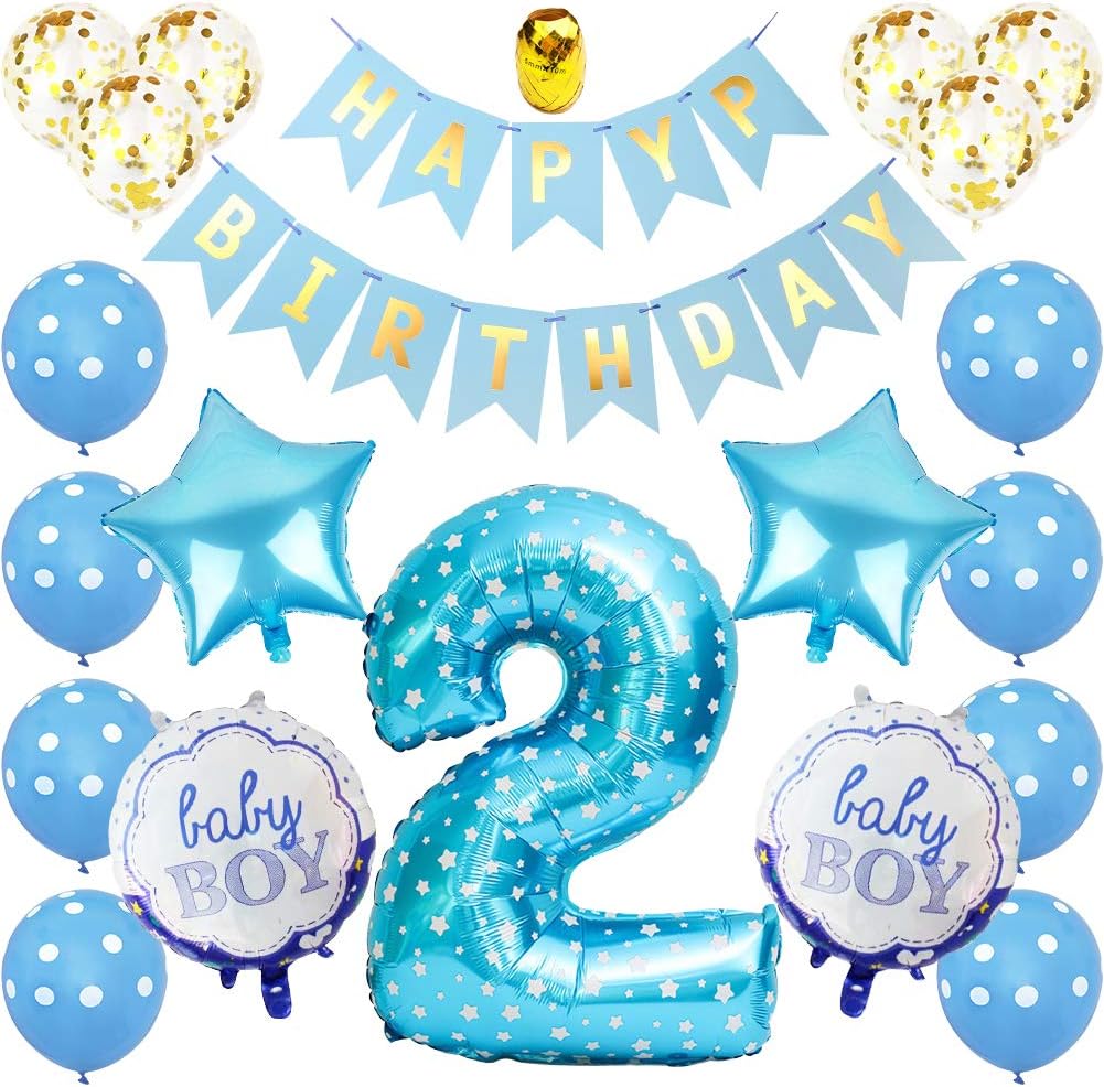 2nd Birthday Decorations for Boys, Baby Boy 2nd Birthday Party Supplies, Blue Happy Birthday