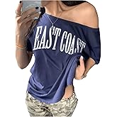 RoseSeek Women's Off The Shoulder Tops Letter Print Oversized Graphic Tees Vintage Y2k 90s Outfits Trendy