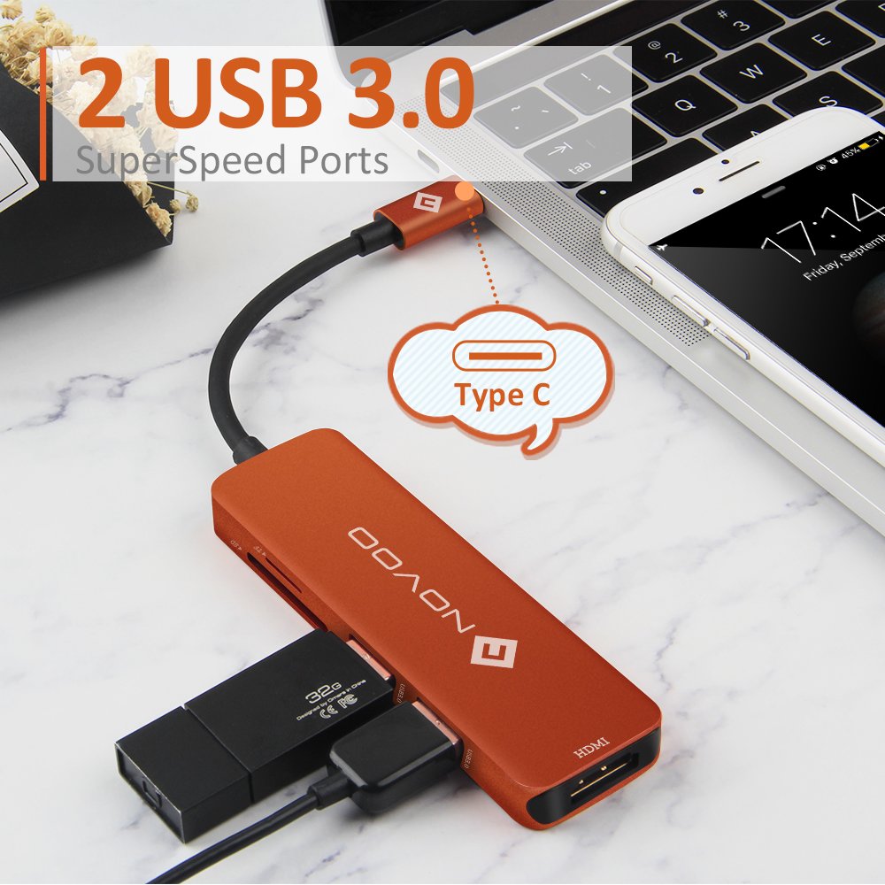 NOVOO usbc ハブ　Micro SD/SDカードリーダー USB HDMI USB3.0 MacBook2016 MacBook Pro/ChromeBook対応 (オレンジ)