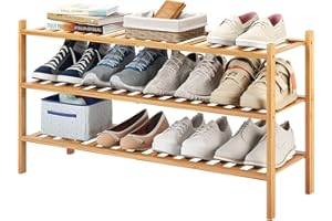 Furshus Long Shoe Rack, 3-Tier Bamboo Stackable Shoe Shelf Storage Organizer, Shoe Stand for Closet, Entryway and Hallway