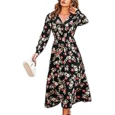 CUPSHE Women's V Neck Floral Maxi Dress Long Sleeves Ruffle Flowy Casual Fall Dress