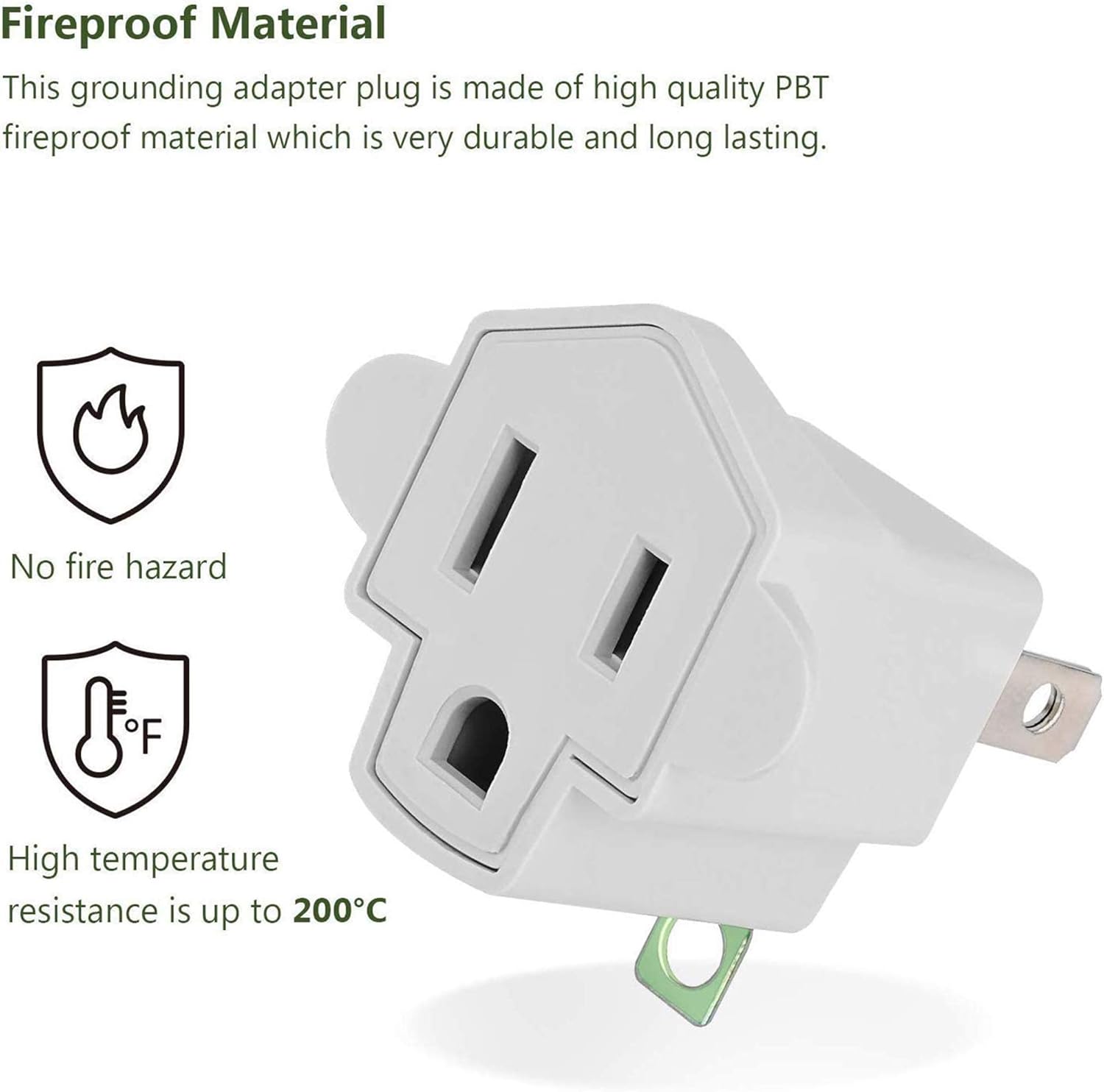 3-2 Prong Grounding Outlet Adapter, JACKYLED 3 Prong to 2 Prong Adapter Converter, ETL Listed Fireproof Material 200℃ Resistant Heavy Duty Wall Outlet Plug for Household Appliances Industrial, 4 Pack - - 