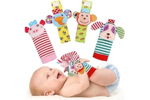 SSK Soft Baby Wrist Rattle Foot Finder Socks Set,Cotton and Plush Stuffed Infant Toys,Birthday Holiday Birth Present for Newborn Boy Girl 0/3/4/6/7/8/9/12/18 Months Kids Toddler,4 Cute Animals