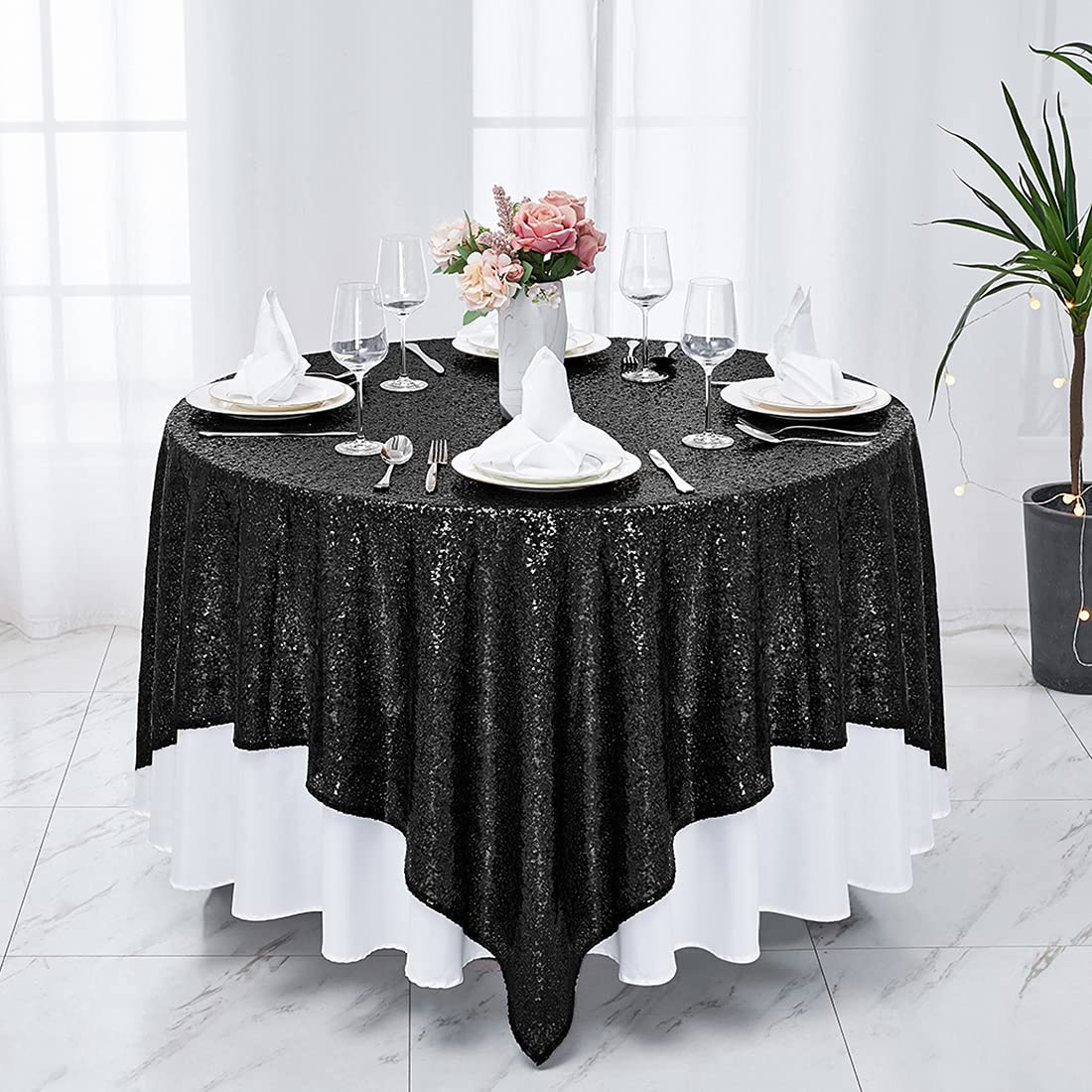 Hahuho 50x50 inch Square Sequin Tablecloth Black, Glitter Tablecloth for Bridal Shower Decorations, Birthday, Wedding, Dessert, Banquet（50x50 Inch, Black）