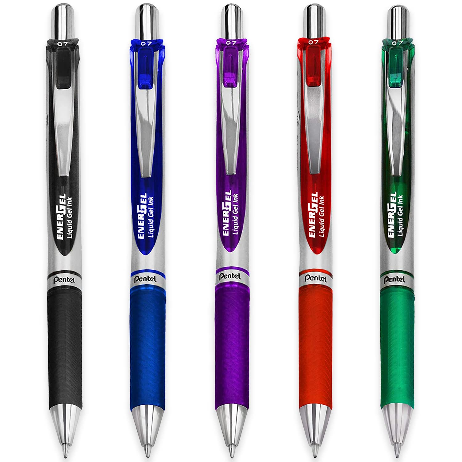 Pentel EnerGel XM BL77 - Retractable Liquid Gel Ink Pen - 0.7mm - 54% Recycled - Black, Blue, Red, Green & Violet Ink - Pack of 5