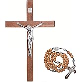 YI Boutique Crucifix Wall Cross, 8" Catholic Crosses, with Wooden Rosary, Wall crucifixes, Wood Crucifix for Wall, Jesus Christian Wall Hanging Cross