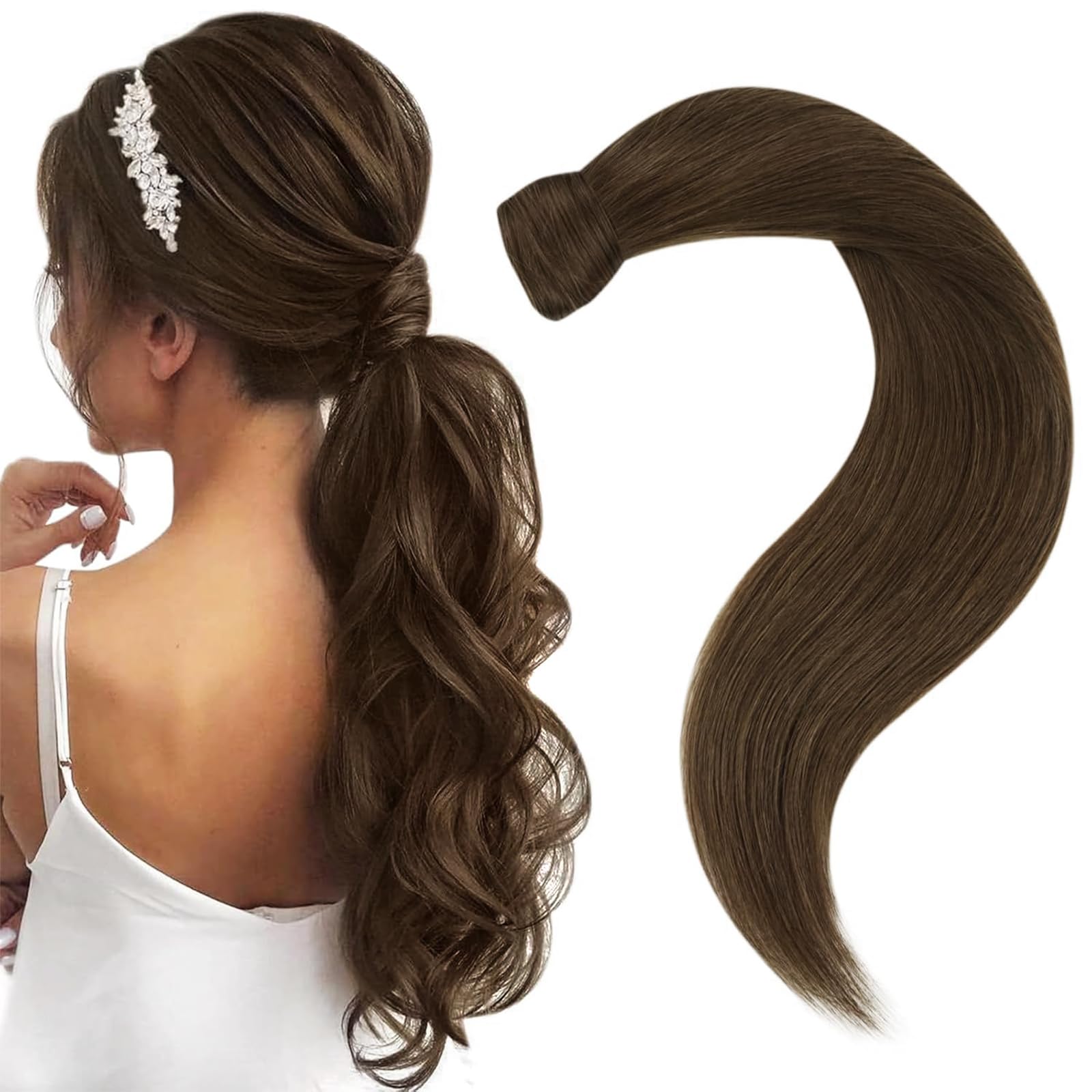 Easyouth Ponytail Hair Extensions Human Hair Brown Real Hair Ponytail Extension Medium Brown Ponytail Human Hair Extensions Pony Tail 18 Inch 80g — image 1