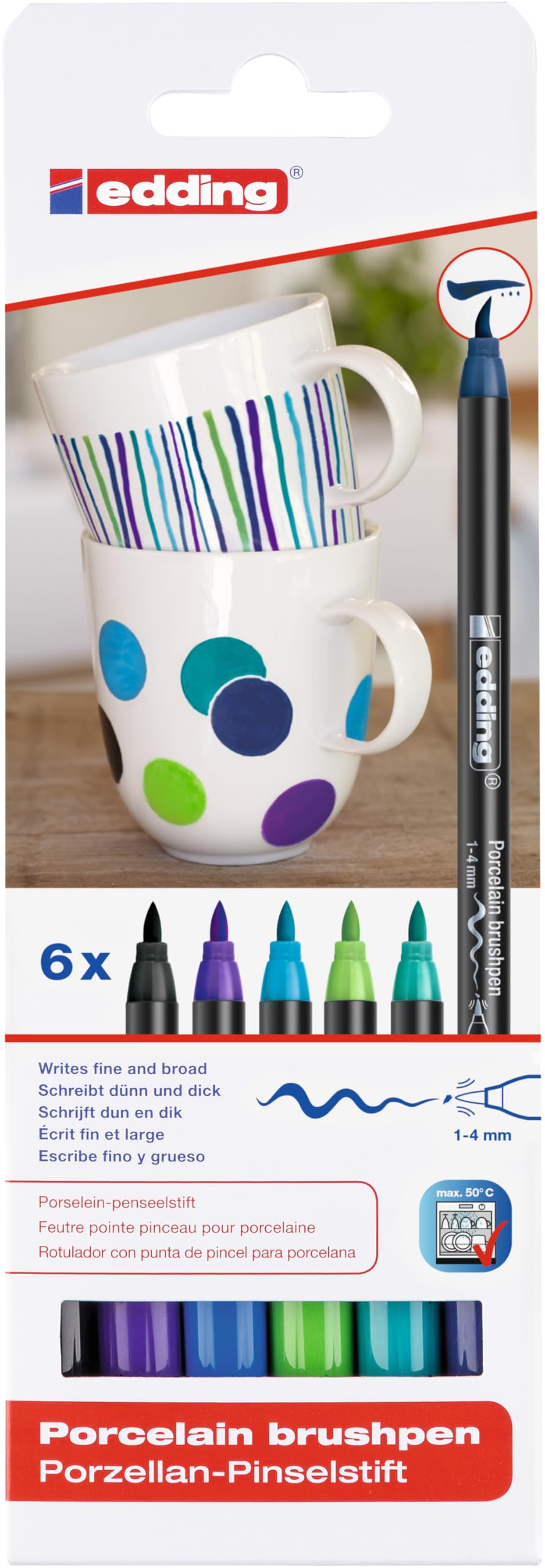 edding 4200 porcelain brush pen - black, violet, 3x blue, green, - 6 pens - brush nib 1-4 mm - painting and decorating ceramics, porcelain - dishwasher-safe, lightfast ink, quick-drying - felt-nib pen — image 1