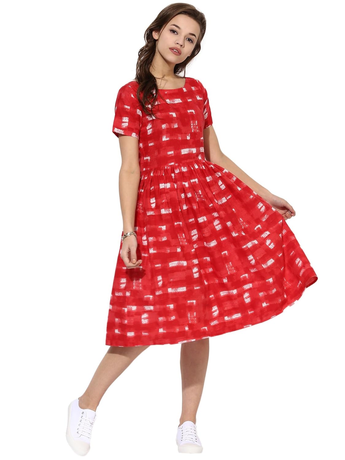 ahalyaa red cotton flare pull over frilled flared summer dress