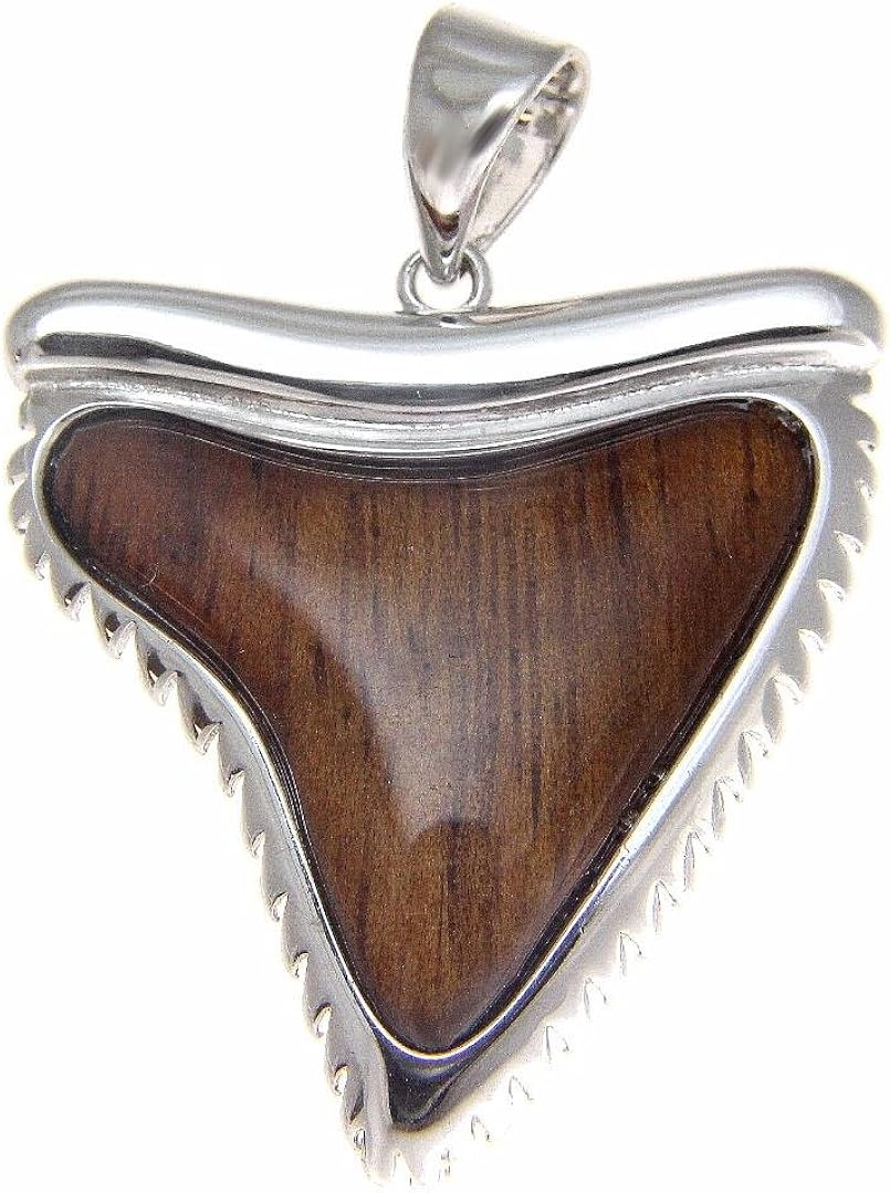 Arthur's Jewelry Genuine Inlay Hawaiian koa Wood Shark Tooth Pendant 33mm Sterling Silver 925