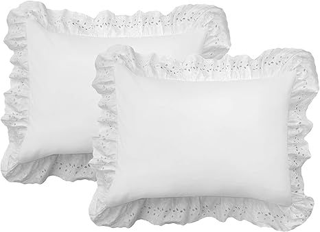 Amazon Com Fresh Ideas Ruffled Bed Pillow Embroidered Detail Eyelet Shams Set 2 Pack Standard White Home Kitchen