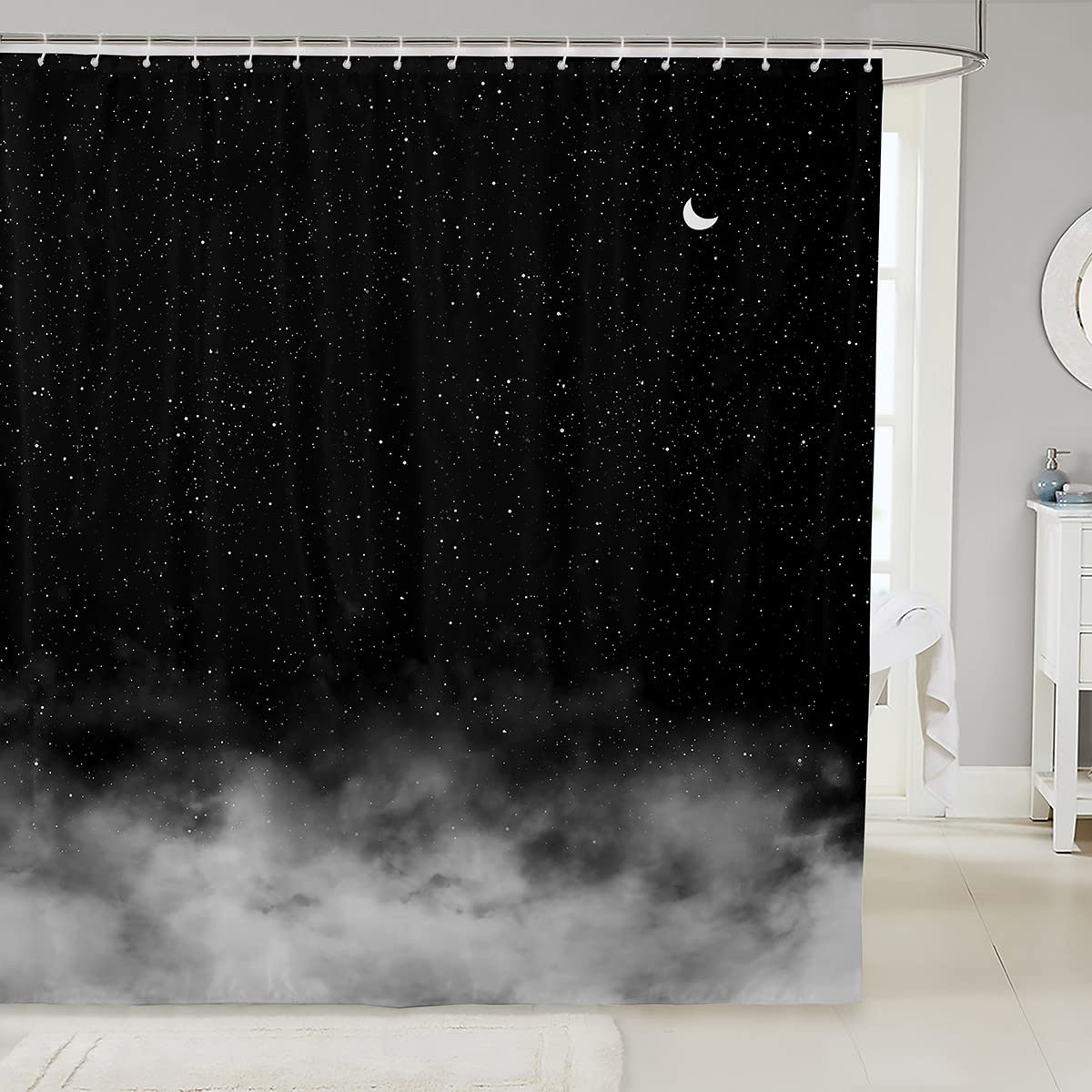 Loussiesd Shiny Star Bath Curtain Moon Star Sky Shower Curtain Gradient Black Grey Bathroom Fabric for Teens Stalls Bathtubs Romantic Style Waterproof Curtains 72x78 Inch — image 1