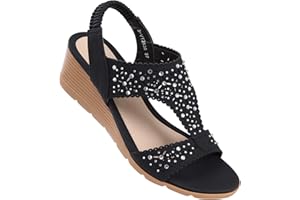 SWQZVT Women Wedge Dressy Sandals: Summer Comfortable Elastic Strap Sandal Rhinestone Hollow Out Sandals