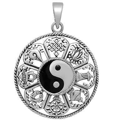 Yin Yang Anhänger mit 8 Symbolen 925 Sterling Silber Kettenanhänger für Damen (30mm)