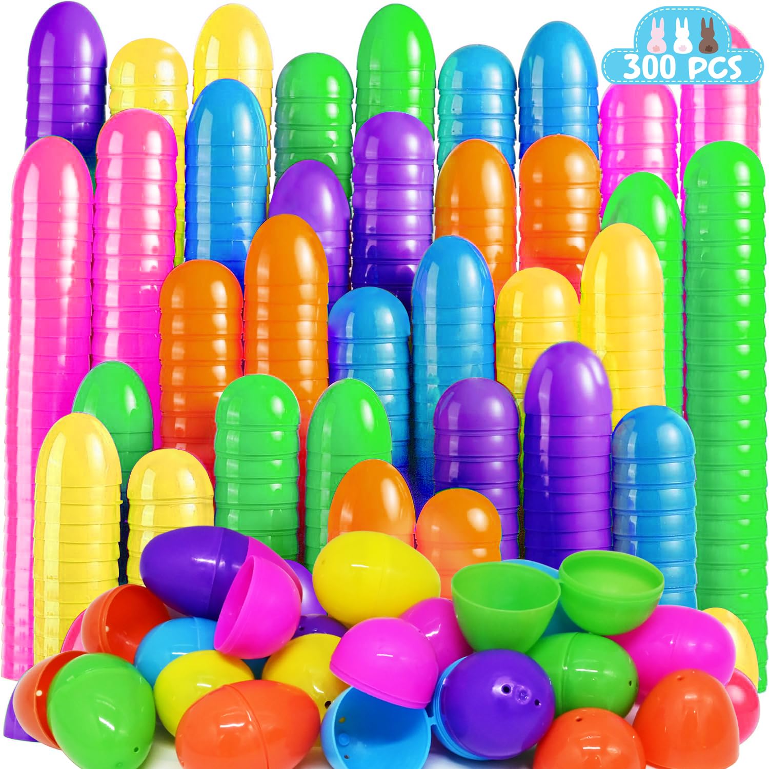WODMAZ 300 Pack Plastic Easter Eggs Bulk, 2.4" Assorted Bright Colors Empty Plastic Easter Eggs for Easter Basket Stuffers, Easter Themed Decorations