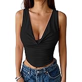 Remidoo Women's Cowl Neck Crop Top Sexy Ruched Tank Tops Sleeveless Asymmetrical Hem Shirt
