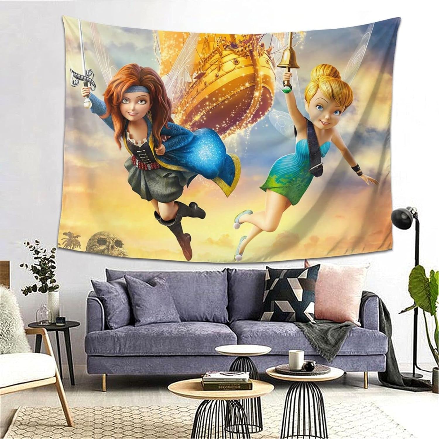 Amazon Co Jp 装飾用品タペストリー ティンカーベルとネバーランドの海賊船 壁掛け おしゃれポスター キャンバス絵画 お洒落 背景絵画 壁アート多機能 寝室 カーテン タペストリー 個性ギフト ホーム キッチン