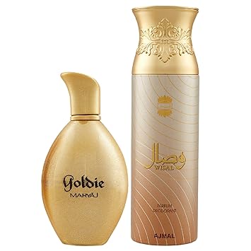 Maryaj Goldie Eau De Parfum Fruity Floral Perfume 100ml for Women and Ajmal Wisal Deodorant Floral Musky Fragrance 200ml for Women + 2 Parfum Testers FREE