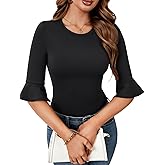 Rooscier Women's 3/4 Flounce Sleeve Round Neck Slim Fit Going Out Basic Bodysuit