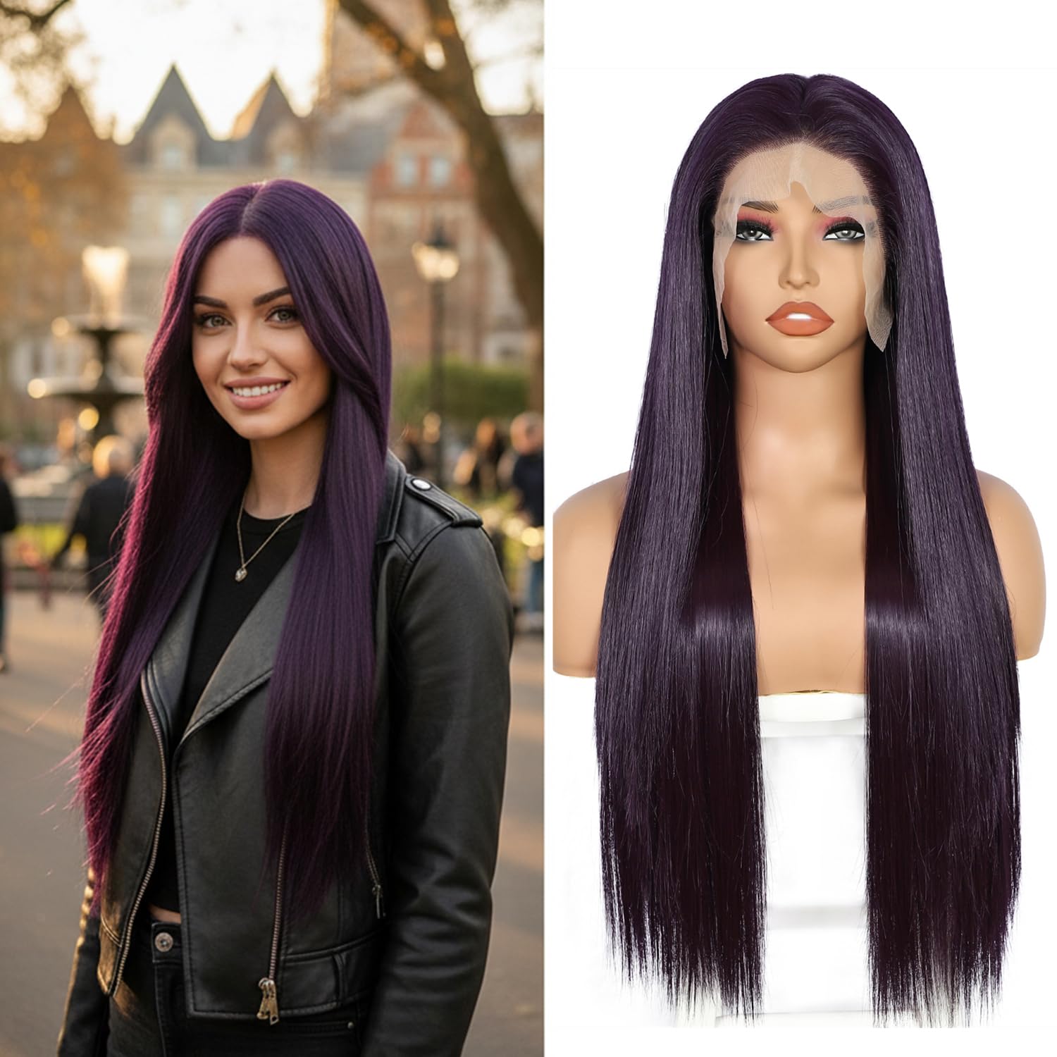 Sapphirewigs 13x6 Straight Lace Front Wigs Darkviolet Long Straight Wig for Women Lace Front Synthetic Hair 150% Density Party Daily Wear Heat Resistant 26inch — image 1