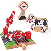 Wooden Railroad Crossing - 3 Piece Set: Rail Road Signal Gate, Wooden Sign, Cow - Compatible with All Major Train Brands - Railroad Toy Train Track Accessories - Zany Trains - Train Track