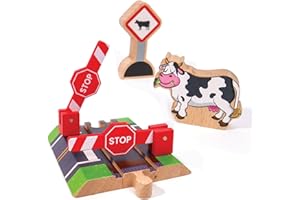 Wooden Railroad Crossing - 3 Piece Set: Rail Road Signal Gate, Wooden Sign, Cow - Compatible with All Major Train Brands - Railroad Toy Train Track Accessories - Zany Trains - Train Track