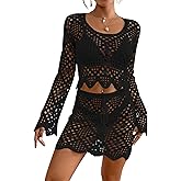 Bsubseach Crochet Coverups for Women Two Piece Swimsuit Cover Up Hollow Out Knit Skirt Set Beach Outfits with Drawstring