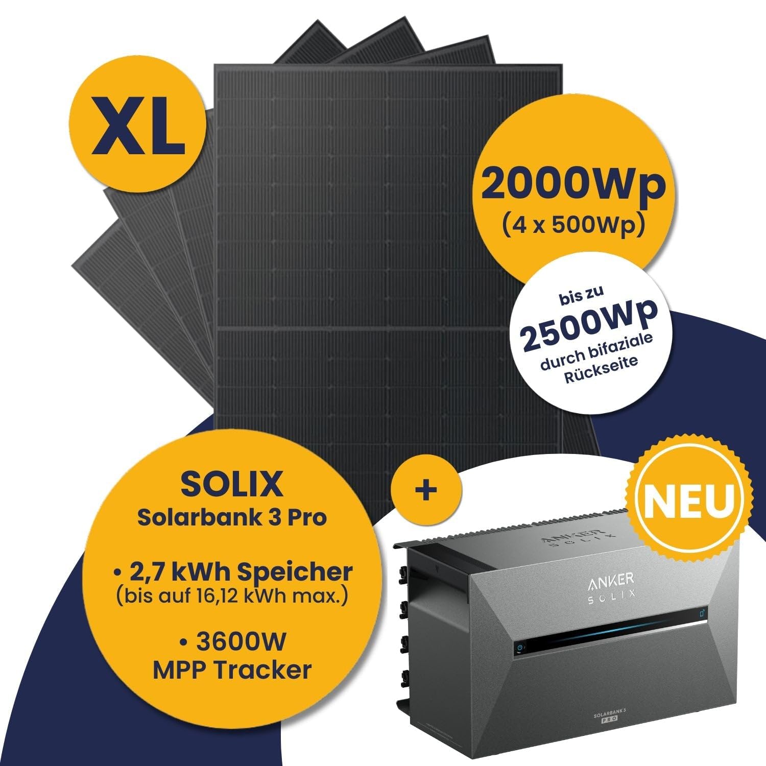 Kleines Kraftwerk 2000W Balkonkraftwerk ohne Halterung inkl. Anker Solarbank 3 Pro | Balkon Kraftwerk mit Speicher 800W komplett Steckdose | Solaranlage Komplettset | 4x500Wp bifaziale Solarmodule 2