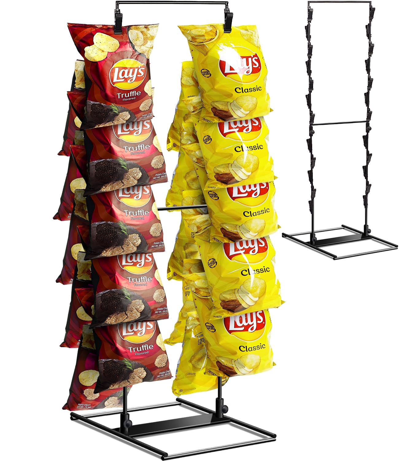 Photo 1 of ROSROSE Chip Rack Display Stand, Potato Chip Display Rack with 24 Clips, 2 Row Chip Bag Holder for for Party Display, Snack Retail Display Rack Chip Stand Display for Countertop Store, Black