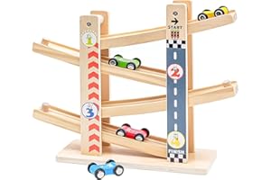 EAPURA Car Ramp Toys | Wooden Car Track with 4 Cars & Race Tracks | Race Car Track with City Road Pattern | Montessori Toys Gift for Toddler Boys and Girls