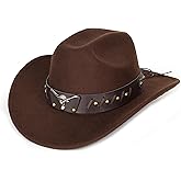 Womens Western Cowboy Hats Studded Pinched Western Cowgirl Hats Wide Brim Fedoras Hat with Belt Buckle (Size:Medium)