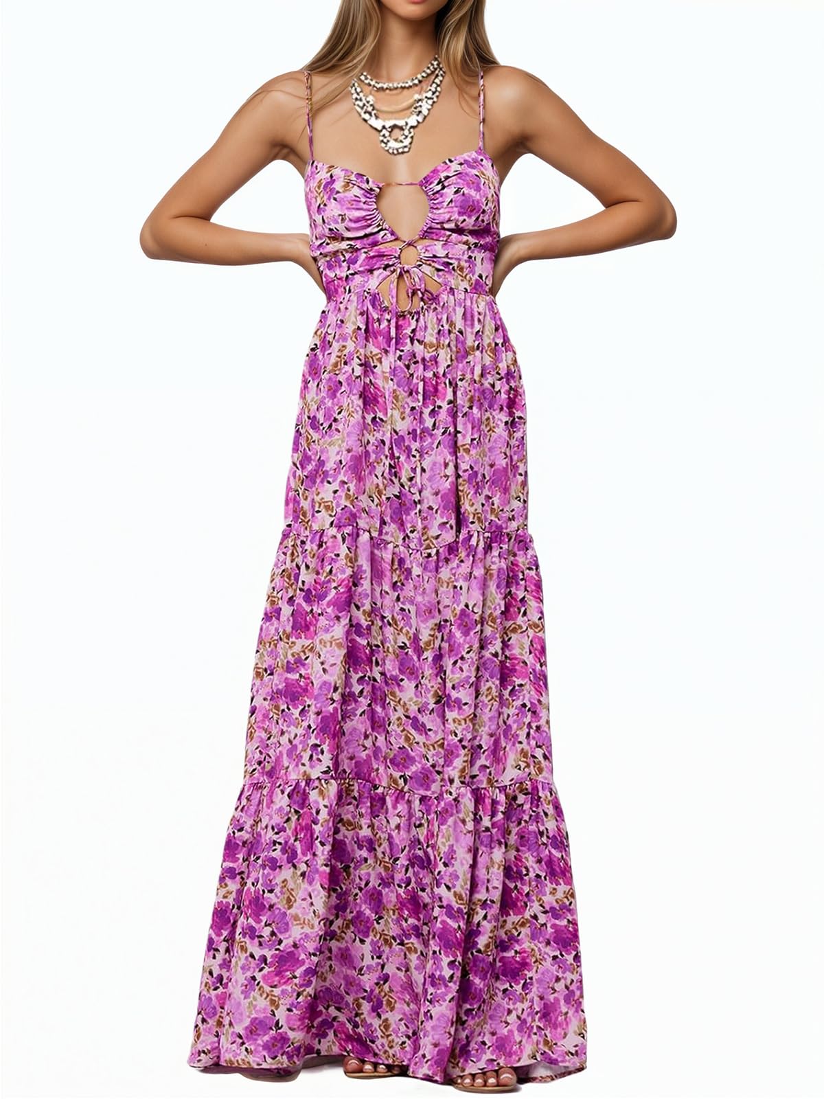 Sun Dresses Women Summer Purple Floarl Sleeveless Strap Low Cut Tie ...