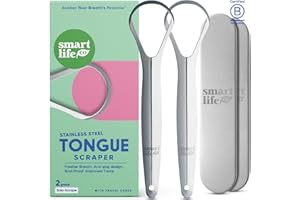 SMARTLIFECO Tongue Scraper For Adults & Kids - 2 Pack Stainless Steel Tongue Scraper Travel Metal Case | Mouth Cleaner For Bad Breath Treatment | Best Disposable No Plastic Scrubber | Oral Care Hygiene Essentials