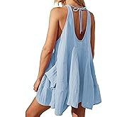 Yioaga Women Casual Summer Dresses Sleeveless Crew Neck Backless Tunic Mini Dress Loose Flowy Tank Sundress with Pockets