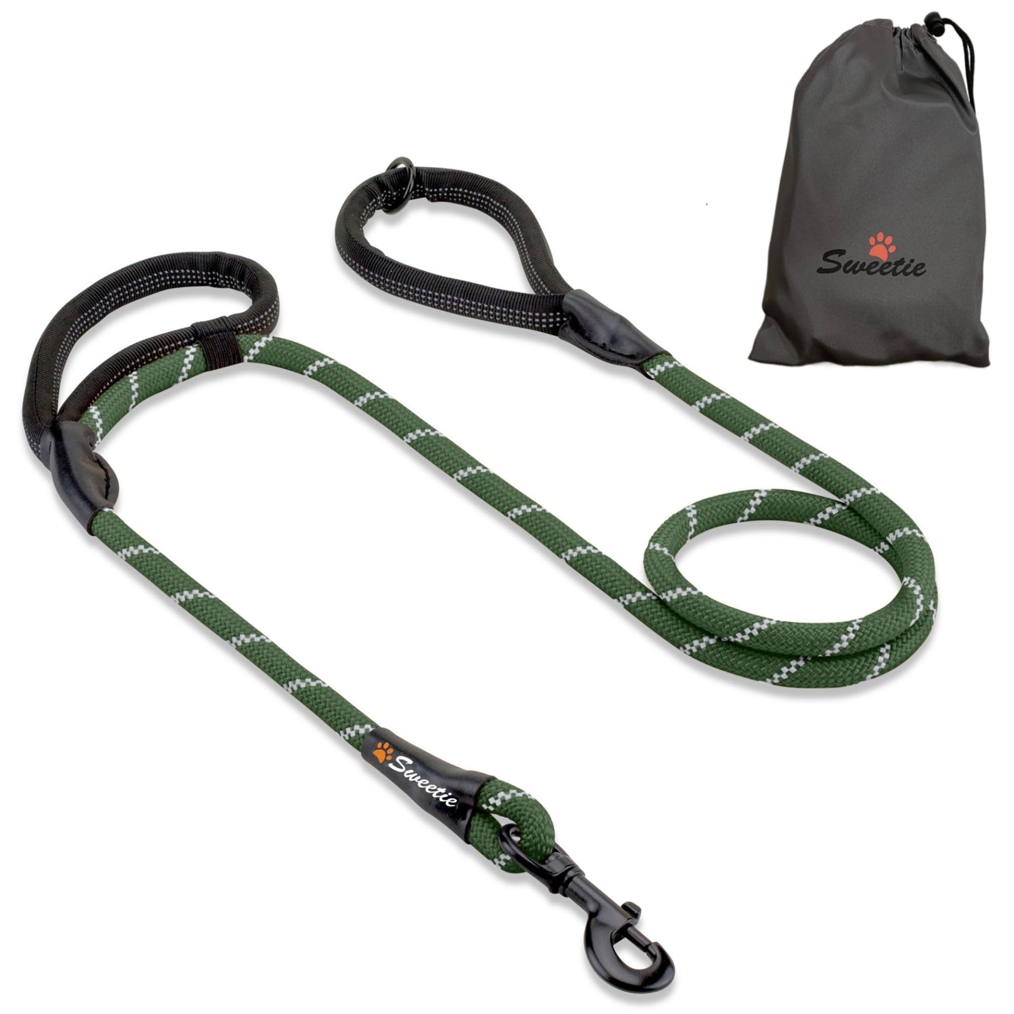 Rope Dog Lead, Green Strong Leash, 2 Padded Handles 5 FT - Medium, Large Dogs - Reflective, Weather Resistant.