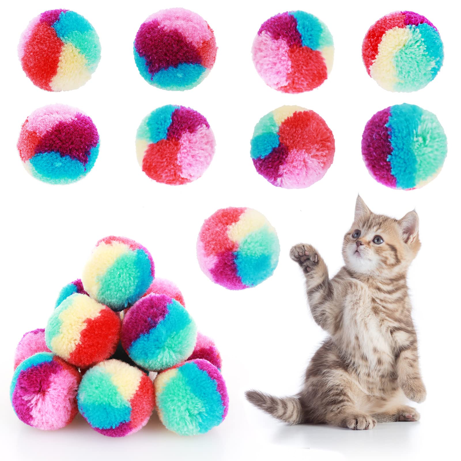 TIESOME Rainbow Cat Toy Balls - 20PCS 3cm Soft Colorful Pom Pom Kitten Puff for Indoor Interactive Play, Training, and Exercising