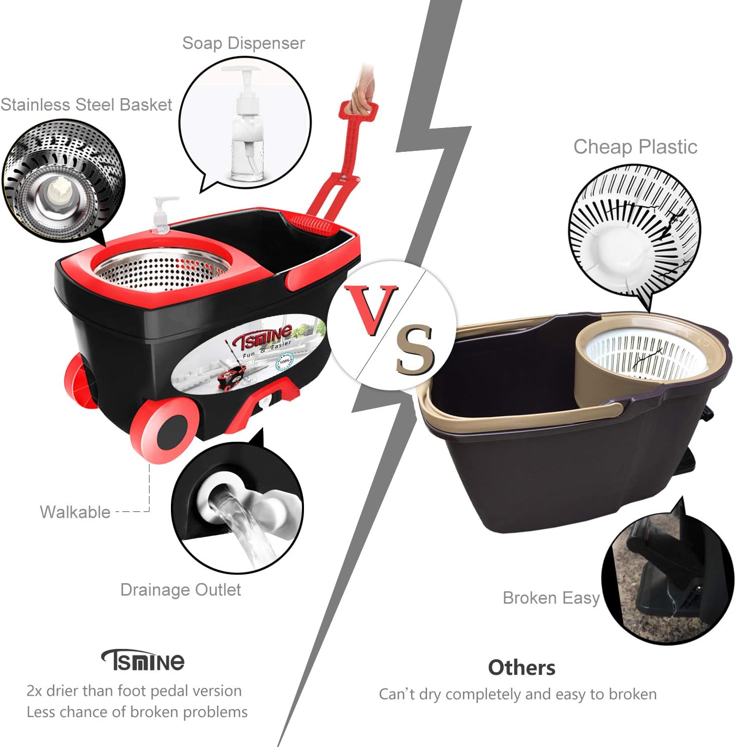 Tsmine Spin Mop & Bucket Floor Cleaning System, Household Cleaning Supplies Stainless Steel Mop Bucket with Wringer on Wheels - 6 Mop Heads 61" Handle, Mop with Bucket for Home Commercial Cleaning: Kitchen & Dining