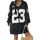 MakeMeChic Women's Oversized Jersey Dress Y2K Number Print V Neck Long Sleeve Pullover Sweatshirt
