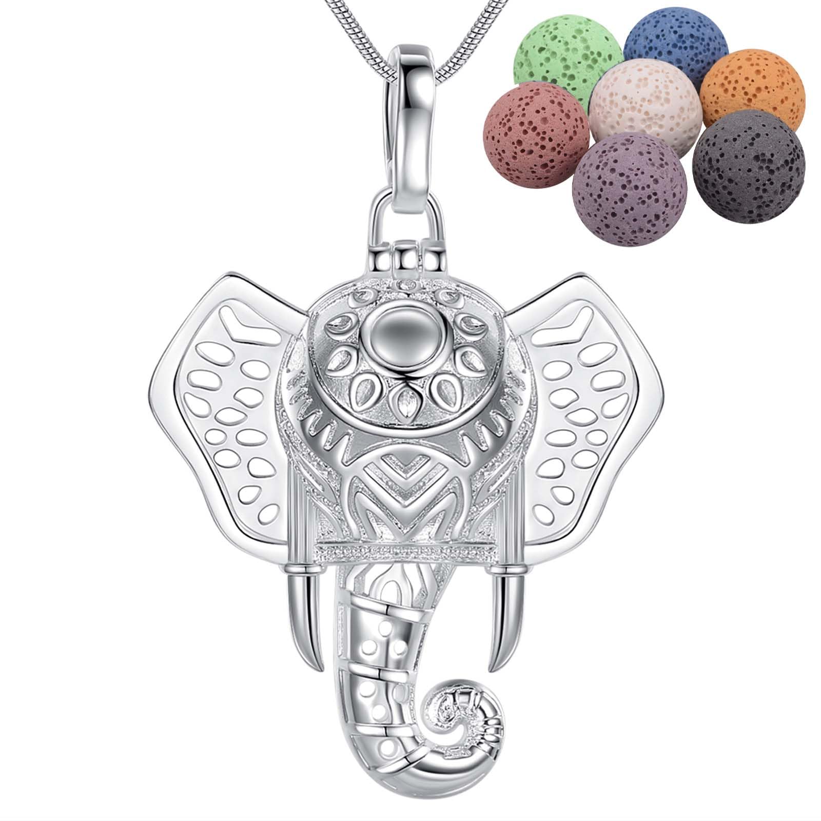INFUSEU Aromatherapy Oil Diffusers Necklace, Women Essential Fragrance Lucky Elephant Animal Jewelry with 7 Reusable Coloured Lava Stones 24" Snake Chain Good Girl Perfume for Home