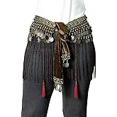 Belly Dance Hip Scarf - Tribal Coins Wave Shape Hip Skirt Belly Dancing Belt Tassel Fringe Shawl Wraps Belts for Women/Girls