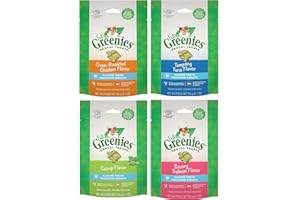 PET FAVES Greenies (4 Pack) Feline Dental Cat Treat Variety Bundle 4 Flavors - 2.1oz Each Bag, (1) Tempting Tuna, (1) Savory Salmon, (1) Oven Roasted Chicken, and (1) Catnip Flavor