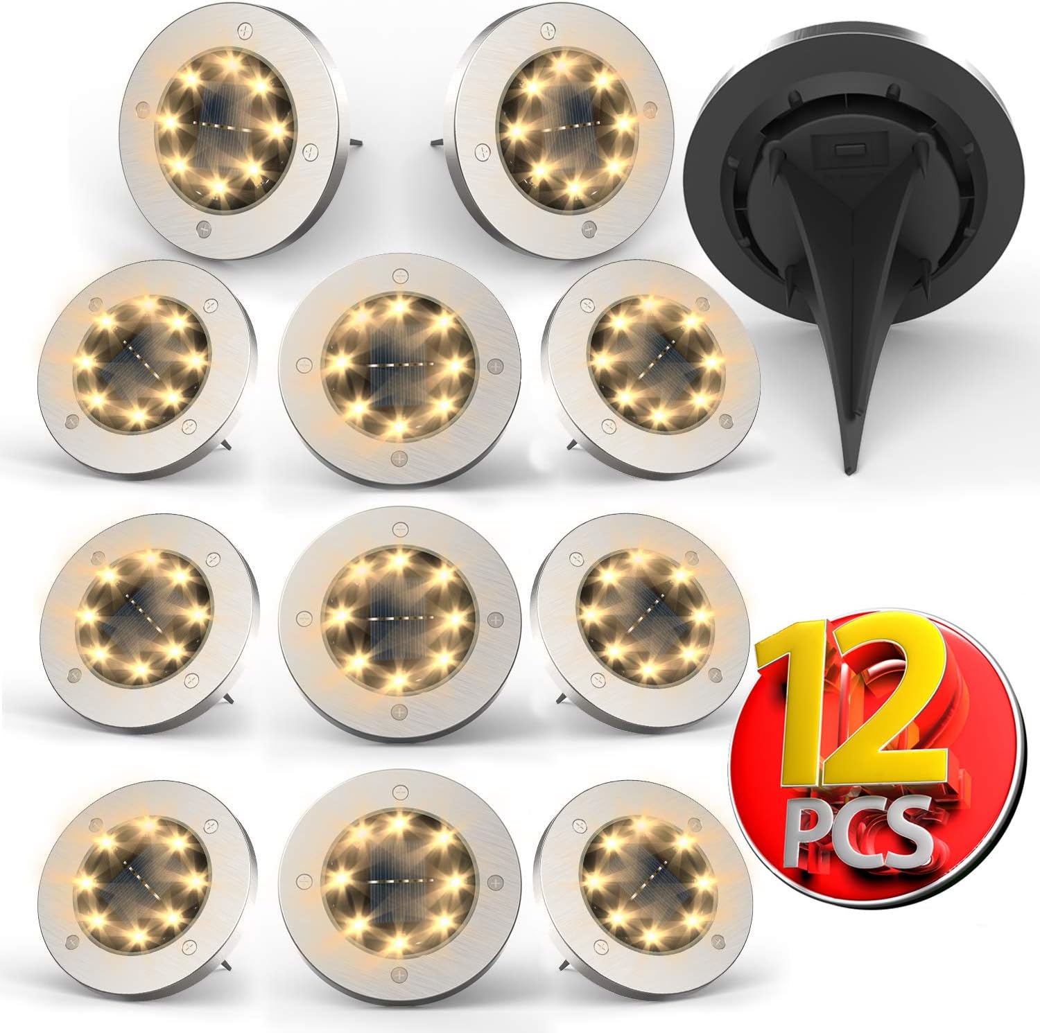 Solar Ground Lights，Disk Lights Solar Powered 8 LED ，Outdoor in-ground Solar Lights for Landscape Walkway Lawn Steps Decks, LED lamp, Waterproof(Warm White)