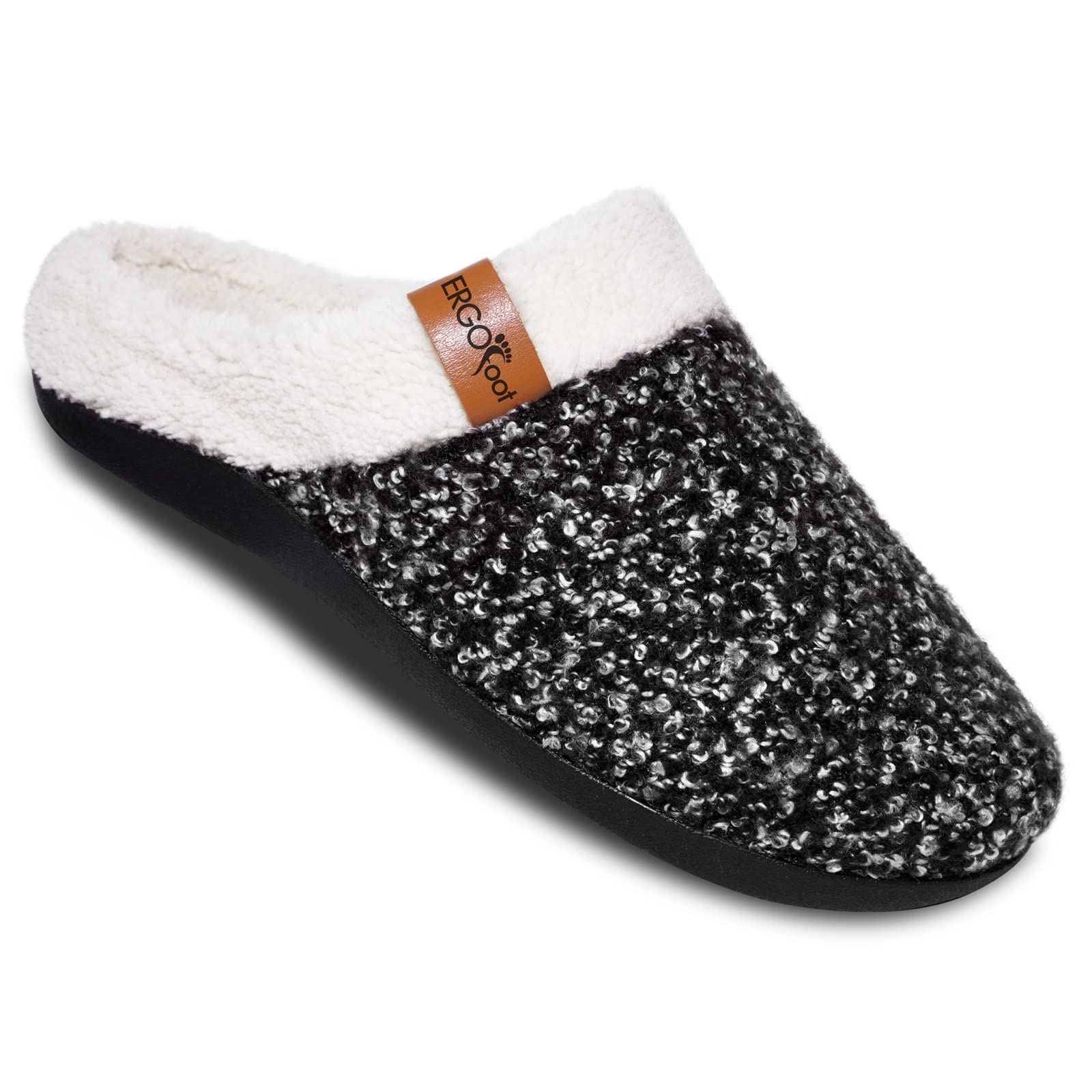 Photo 1 of ERGOfoot Orthopedic Slippers with Arch Support, Slip-On Knit Soft Sherpa Lining House Slipper, Plantar Fasciitis Relief, Orthotic House Shoes with Indoor Outdoor Anti-Skid Rubber Sole/Black